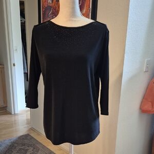 Black Stretchy Rhinestone Long Sleeve Boat Blouse